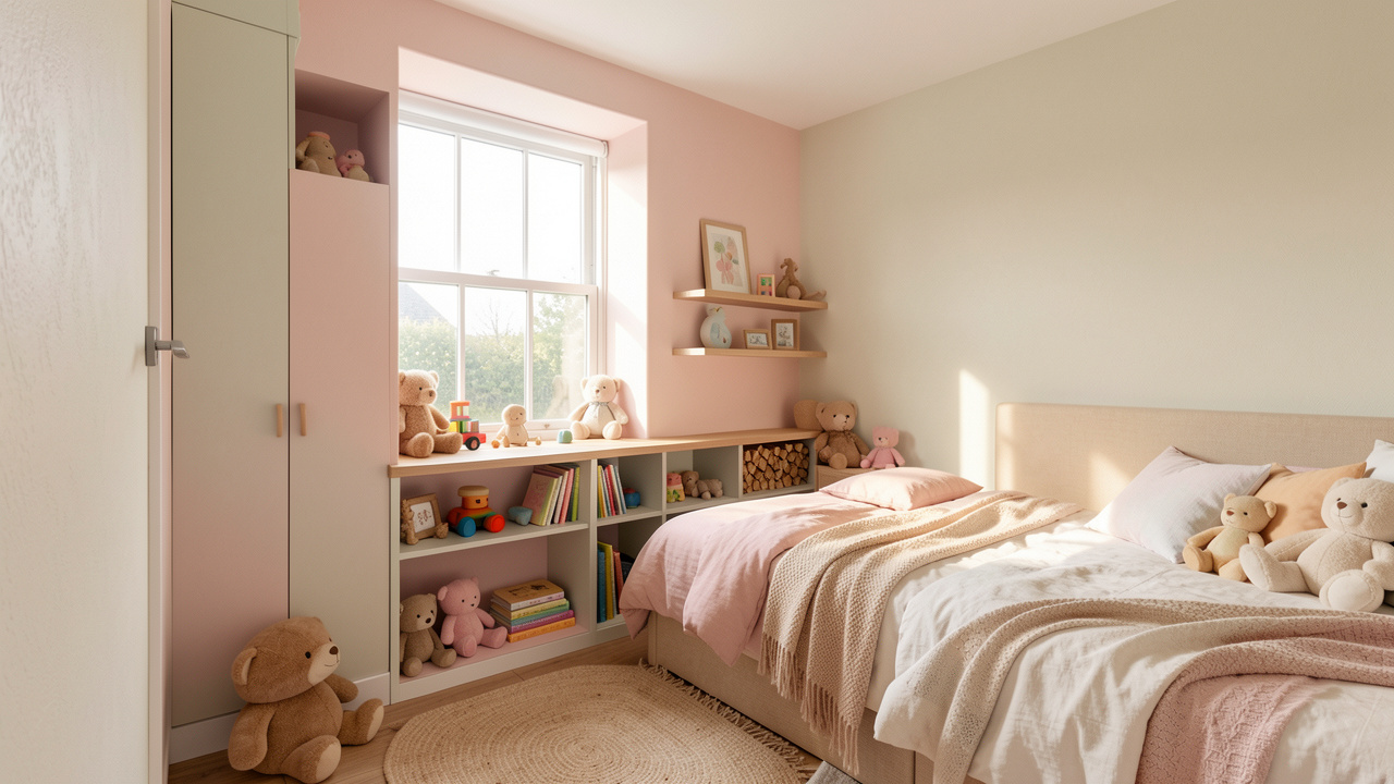Chambre d’enfants partagée aux tons doux, lumière naturelle et ambiance calme et chaleureuse, avec des jouets rangés de façon discrète.