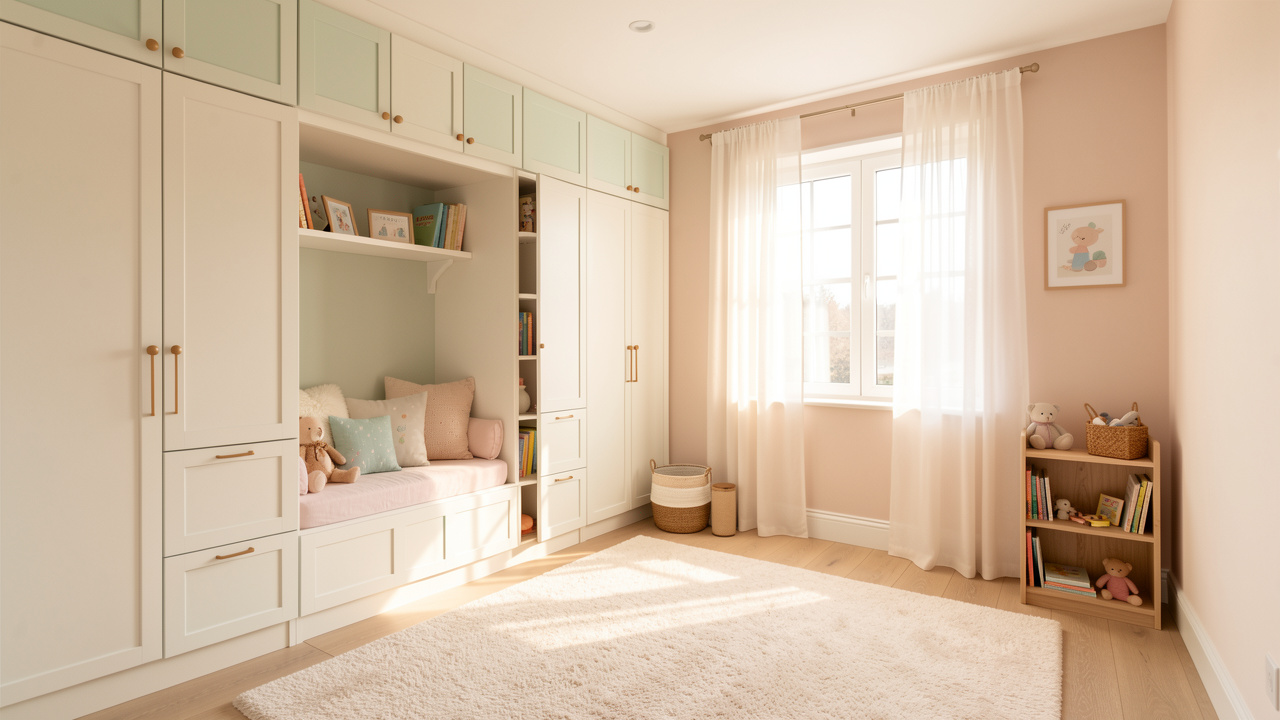 Chambre d’enfant douce et lumineuse avec rangements soignés, un coin lecture confortable, un tapis moelleux et une ambiance chaleureuse et apaisante.