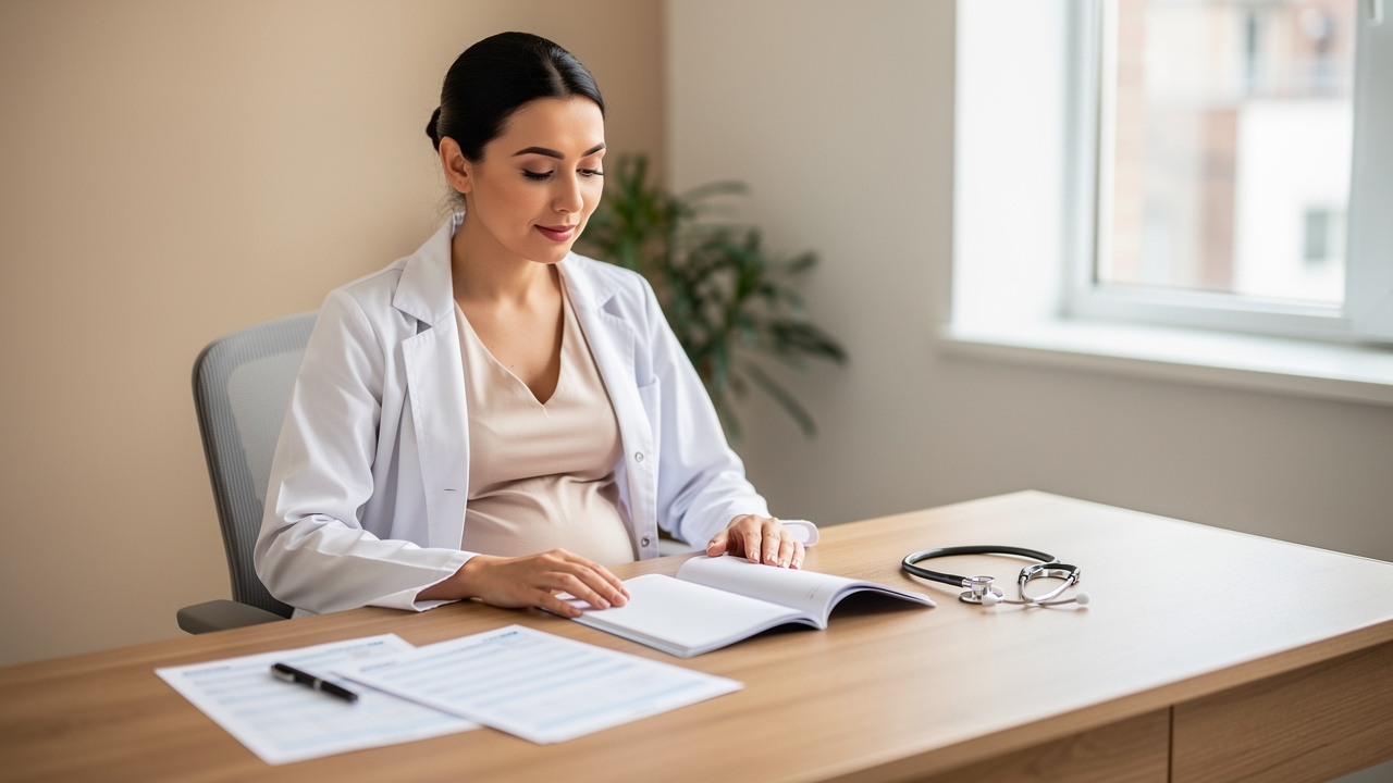Professionnelle de santé enceinte assise à son bureau dans un cabinet lumineux, avec un agenda vierge, des documents vierges et un stéthoscope dans une ambiance douce et rassurante.