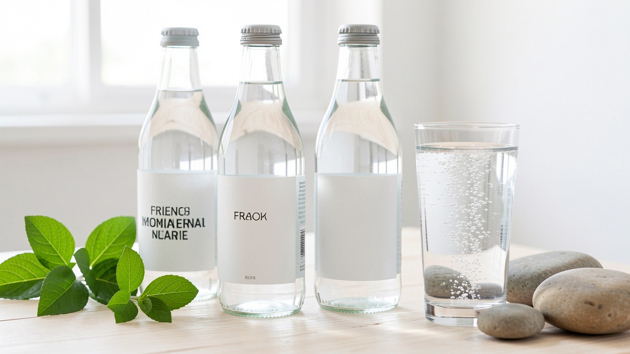 Bouteilles d’eau minérale aux étiquettes neutres posées sur une table claire, accompagnées d’un verre d’eau pétillante dans une ambiance naturelle et lumineuse.