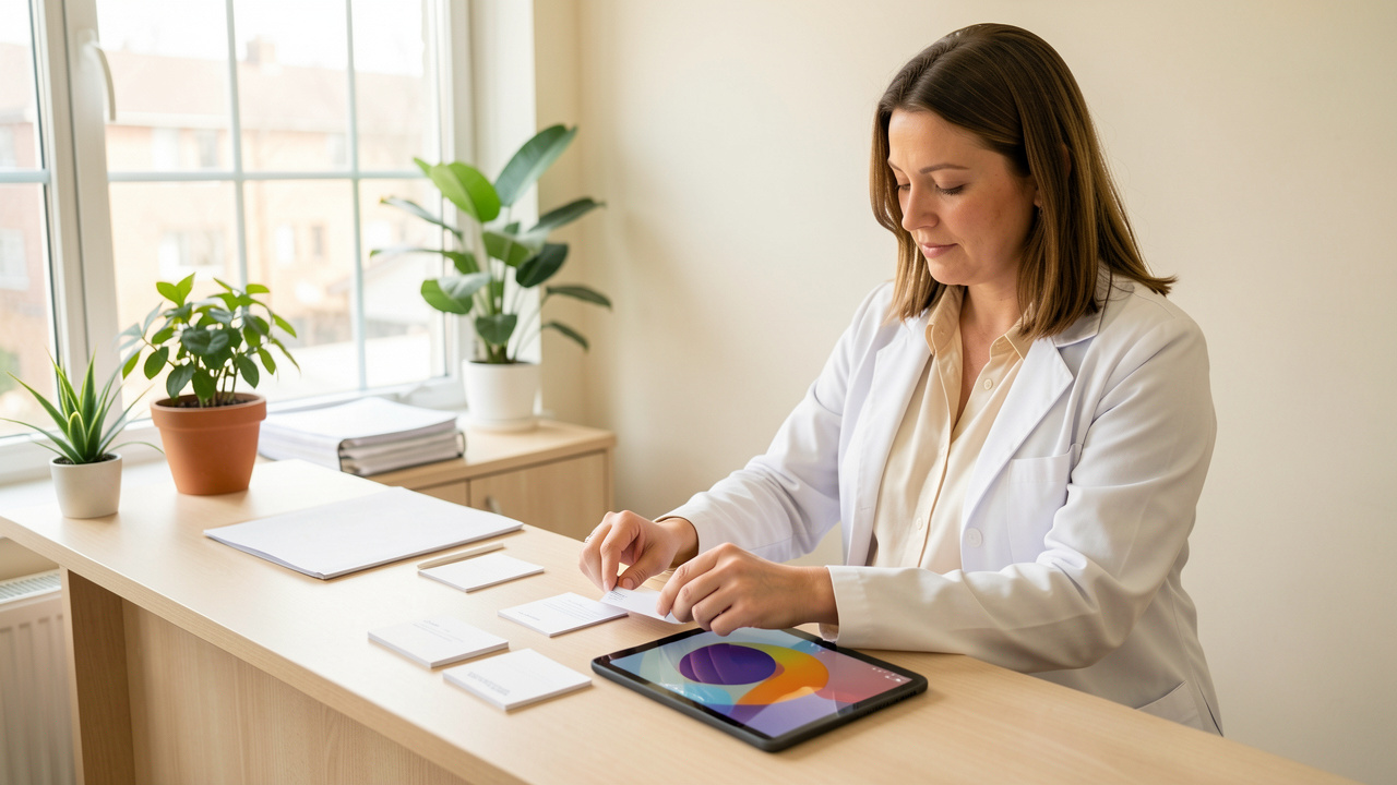 Une professionnelle de santé enceinte organise son agenda sur un bureau dans un cabinet médical lumineux et apaisant.