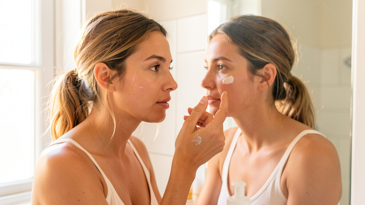 Une jeune maman applique rapidement une crème hydratante devant le miroir d’une salle de bain lumineuse, dans une ambiance matinale douce et naturelle.