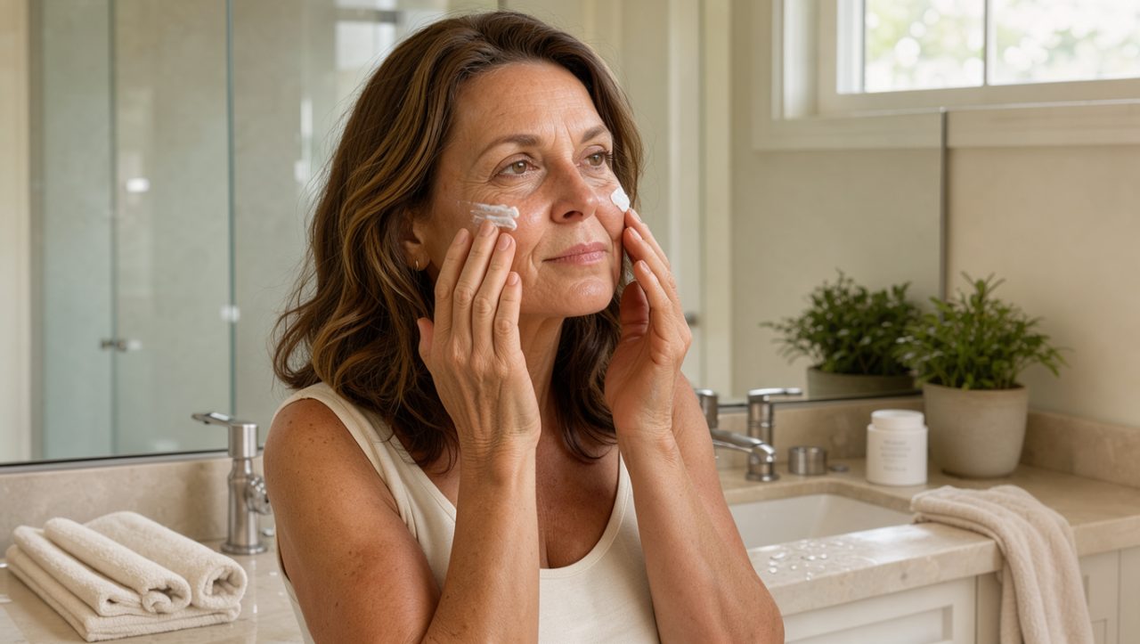 Femme d'une cinquantaine d'années appliquant doucement une crème hydratante sur son visage dans une salle de bain lumineuse et naturelle.