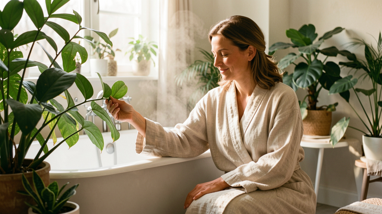 Femme adulte détendue en peignoir dans une salle de bain lumineuse, entourée de plantes vertes et baignée d'une lumière naturelle douce.