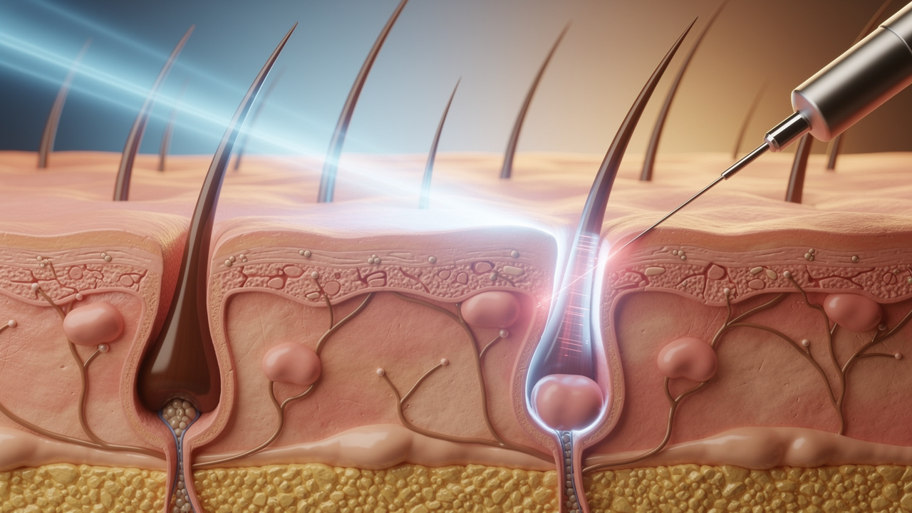 Illustration pédagogique en gros plan montrant une peau avec des follicules pileux, un faisceau laser d’un côté et une fine sonde d’électrolyse de l’autre.