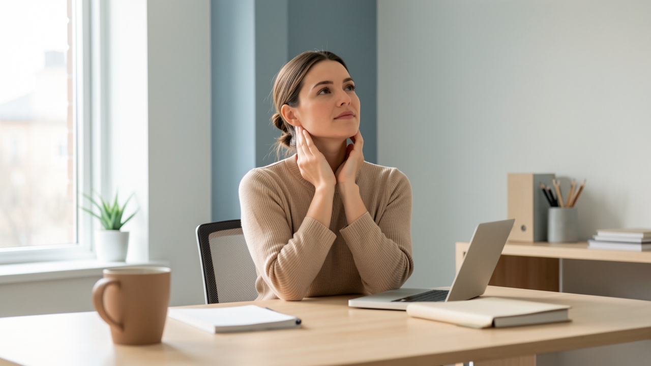 Une femme assise à son bureau effectue doucement une routine de relaxation de la nuque et de la mâchoire dans un environnement de travail lumineux.